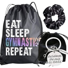 Sportybella Gymnastics Gift Bundle, Gymnastics Charm She Did Keychain, Drawstring Bag and Scrunchie Gift Set, Girls Gymnastics Accessories For Gymnasts and Teams