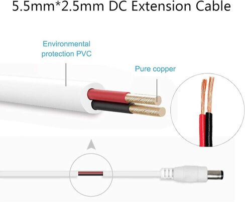 1m/3.28Feet DC Power Extension Cable 2.5 mm x 5.5 mm Male to Female Connector, DC Power Cord Extension Cable for Power Adapter, 12V CCTV Wireless IP Camera, Monitors - Black in Saudi Arabia
