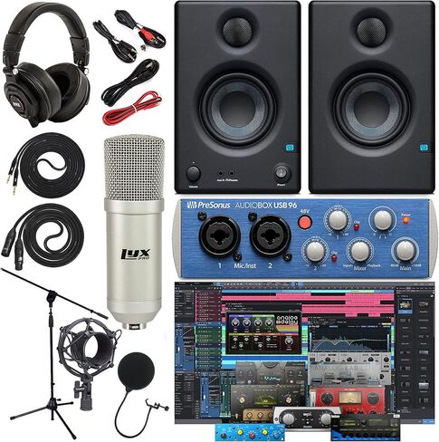 واجهة الصوت Presonus AudioBox 96 (قد تختلف باللون الأزرق أو الأسود) حزمة الاستوديو الكاملة مع حزمة برامج Studio One Artist مع شاشات استوديو Eris 3.5 زوج، وميكروفون مكثف، وكابلات أدوات 1/4 بوصة in Kuwait