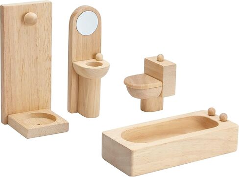 PlanToys Wooden Classic Line of Dollhouse Furniture- Bathroom Set (9014) | Sustainably Made from Rubberwood and Non-Toxic Paints and Dyes | PlanNatural Classic Wooden Toy Collection in Saudi Arabia
