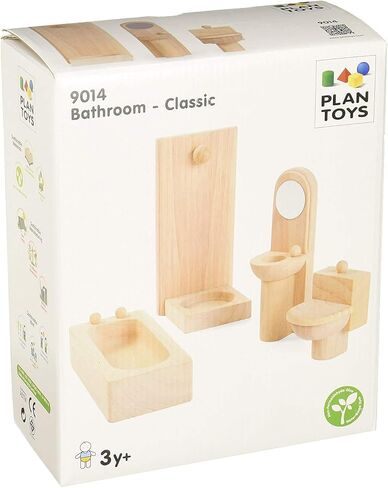 PlanToys Wooden Classic Line of Dollhouse Furniture- Bathroom Set (9014) | Sustainably Made from Rubberwood and Non-Toxic Paints and Dyes | PlanNatural Classic Wooden Toy Collection in Saudi Arabia