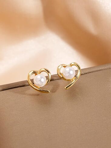 Love Heart-Shaped Pearl Stud Earrings, 14K Gold Plated Pearl Earrings Stud for Women Girls Gifts, Pearl Jewelry Mother Day Gift for Women Girlfriend Daughter with Gift Box in Saudi Arabia