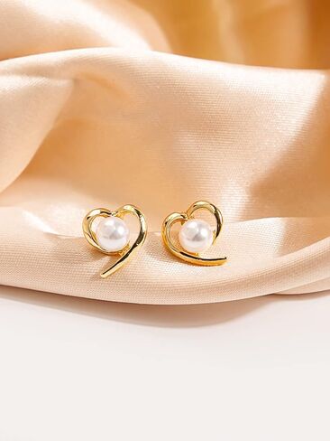 Love Heart-Shaped Pearl Stud Earrings, 14K Gold Plated Pearl Earrings Stud for Women Girls Gifts, Pearl Jewelry Mother Day Gift for Women Girlfriend Daughter with Gift Box in Saudi Arabia