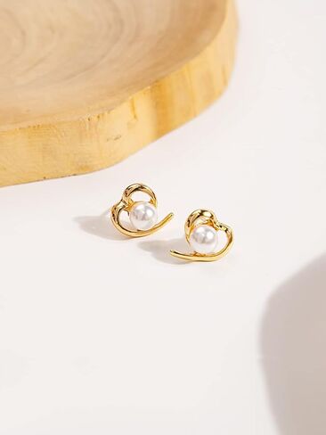 Love Heart-Shaped Pearl Stud Earrings, 14K Gold Plated Pearl Earrings Stud for Women Girls Gifts, Pearl Jewelry Mother Day Gift for Women Girlfriend Daughter with Gift Box in Saudi Arabia