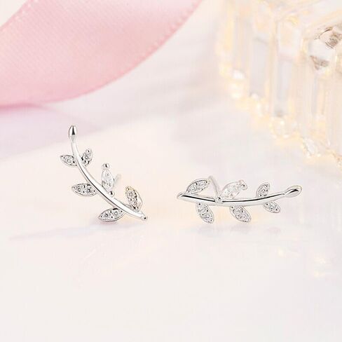 Leaf Stud Earrings Ear Climber Earrings for Women and Girls Hypoallergenic Small Olive Leaves Branch Cartilage Studs Silver Long Leaf Earrings Silver Shinning Chain Tassel Leaf Earrings in Saudi Arabia