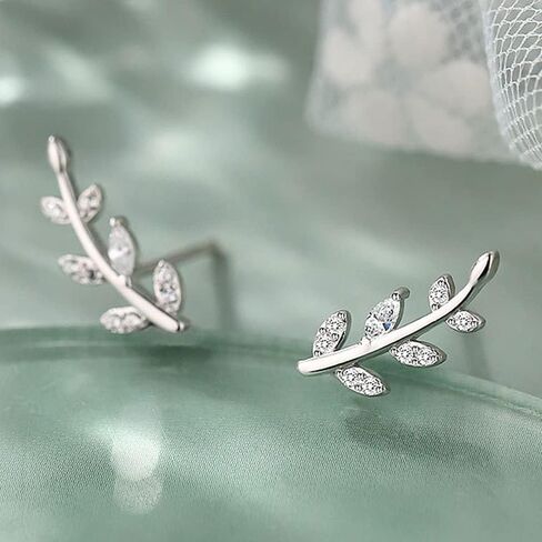 Leaf Stud Earrings Ear Climber Earrings for Women and Girls Hypoallergenic Small Olive Leaves Branch Cartilage Studs Silver Long Leaf Earrings Silver Shinning Chain Tassel Leaf Earrings in Saudi Arabia