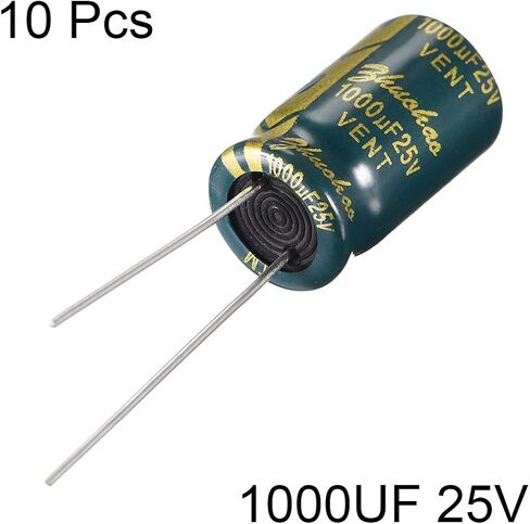 uxcell Aluminum Radial Electrolytic Capacitor Low ESR Green with 1000UF 25V 105 Celsius Life 3000H 10 x 17 mm High Ripple Current,Low Impedance 10pcs in Saudi Arabia