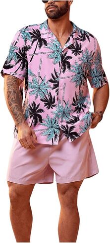 WDIRARA Men's Plus Size 2 Piece Outfits Tropical Print Short Sleeve Shirt and Shorts Set in Saudi Arabia