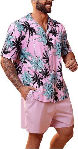 WDIRARA Men's Plus Size 2 Piece Outfits Tropical Print Short Sleeve Shirt and Shorts Set in Saudi Arabia