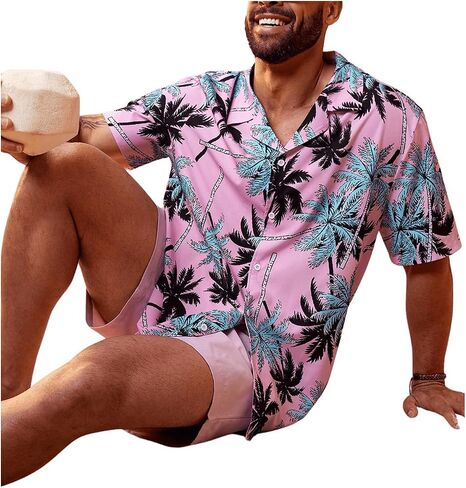 WDIRARA Men's Plus Size 2 Piece Outfits Tropical Print Short Sleeve Shirt and Shorts Set in Saudi Arabia