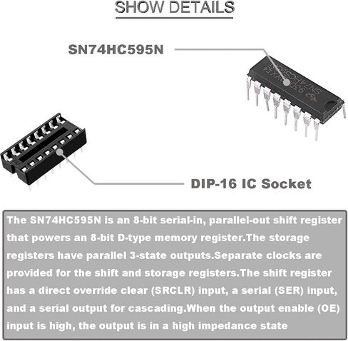 20 pcs SN74HC595N 8-Bit Counter Shift Registers 74HC595 DIP-16 3-State Output Registers Integrated Circuits high Speed Transmission + 20 pcs DIP-16 IC Socket in Saudi Arabia