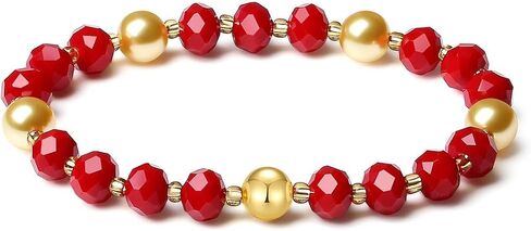 Handmade DIY Original Elastic Jewelry Bracelets with 10MM Gold South Sea Shell Pearl Blessing and 18K Ball Natural Crystal Bracelet - Mother's Day Gift (Red) in Saudi Arabia