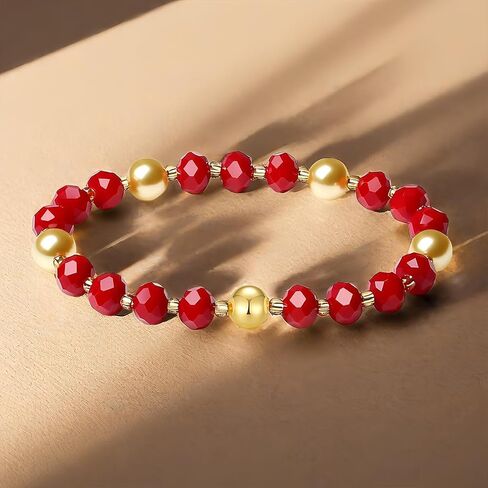 Handmade DIY Original Elastic Jewelry Bracelets with 10MM Gold South Sea Shell Pearl Blessing and 18K Ball Natural Crystal Bracelet - Mother's Day Gift (Red) in Saudi Arabia