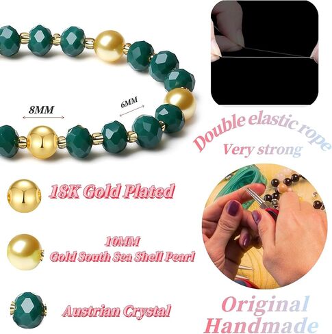 Handmade DIY Original Elastic Jewelry Bracelets with 10MM Gold South Sea Shell Pearl Blessing and 18K Ball Natural Crystal Bracelet - Mother's Day Gift (Red) in Kuwait