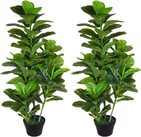 Artificial Fiddle Leaf Fig Tree 4ft Set of 2 - Faux Fig Plants Indoor Summer Fall Winter Home Decor in Pot - Fake Ficus Floor Plant Evergreen- Office Living Room Corner Decoration (2, 4.0 ft) in Saudi Arabia