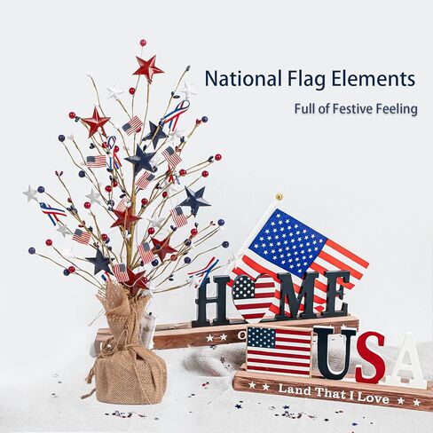 شجرة طاولة اصطناعية باللون الأحمر والأبيض والأزرق وشجرة طاولة على شكل نجمة ليوم العلم الأمريكي في الرابع من يوليو، قاعدة من الخيش مع سلسلة ضوء العلم الوطني للديكور الوطني لسطح الطاولة في الأماكن المغلقة والخارجية in Kuwait