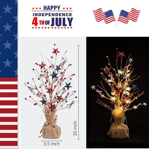 شجرة طاولة اصطناعية باللون الأحمر والأبيض والأزرق وشجرة طاولة على شكل نجمة ليوم العلم الأمريكي في الرابع من يوليو، قاعدة من الخيش مع سلسلة ضوء العلم الوطني للديكور الوطني لسطح الطاولة في الأماكن المغلقة والخارجية in Kuwait