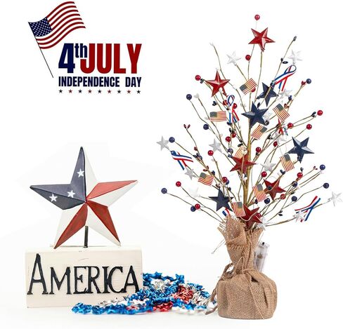 شجرة طاولة اصطناعية باللون الأحمر والأبيض والأزرق وشجرة طاولة على شكل نجمة ليوم العلم الأمريكي في الرابع من يوليو، قاعدة من الخيش مع سلسلة ضوء العلم الوطني للديكور الوطني لسطح الطاولة في الأماكن المغلقة والخارجية in Kuwait