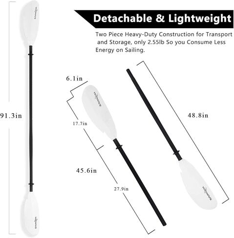 مجاذيف كاياك قابلة للتعديل بعمود ألومنيوم 91.3 بوصة/231 سم وشفرات من الألياف الزجاجية المعززة، مجداف كاياك خفيف الوزن للتجديف بالقوارب مع مقود مجداف ممتاز in Kuwait