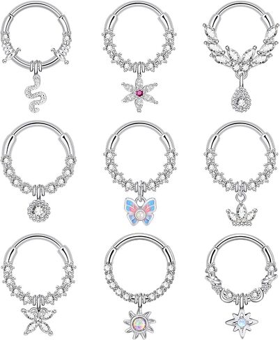 9Pcs Septum Jewelry 16G Stainless Steel Dangle Septum Rings CZ Opal Butterfly Daith Earrings Hoop Cartilage Helix Tragus Septum Nose Piercing Jewelry for Women in Saudi Arabia