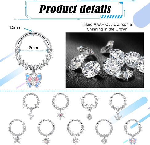 9Pcs Septum Jewelry 16G Stainless Steel Dangle Septum Rings CZ Opal Butterfly Daith Earrings Hoop Cartilage Helix Tragus Septum Nose Piercing Jewelry for Women in Saudi Arabia