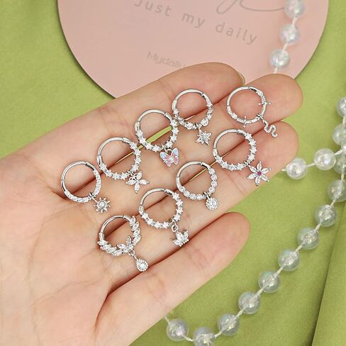 9Pcs Septum Jewelry 16G Stainless Steel Dangle Septum Rings CZ Opal Butterfly Daith Earrings Hoop Cartilage Helix Tragus Septum Nose Piercing Jewelry for Women in Saudi Arabia