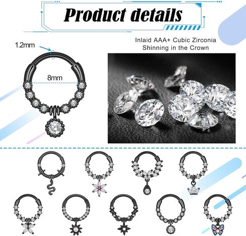 9Pcs Septum Jewelry 16G Stainless Steel Dangle Septum Rings CZ Opal Butterfly Daith Earrings Hoop Cartilage Helix Tragus Septum Nose Piercing Jewelry for Women in Saudi Arabia