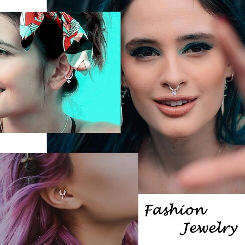 9Pcs Septum Jewelry 16G Stainless Steel Dangle Septum Rings CZ Opal Butterfly Daith Earrings Hoop Cartilage Helix Tragus Septum Nose Piercing Jewelry for Women in Saudi Arabia