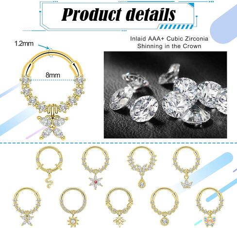9Pcs Septum Jewelry 16G Stainless Steel Dangle Septum Rings CZ Opal Butterfly Daith Earrings Hoop Cartilage Helix Tragus Septum Nose Piercing Jewelry for Women in Saudi Arabia