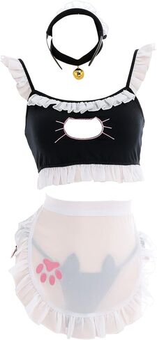 MEOWCOS Lingerie for Women Cat Girl Lingerie Sets Maid Lingeries Cosplay Costume Outfit with Apron Necklace Headband in Saudi Arabia