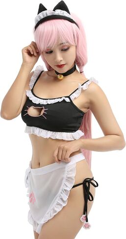 MEOWCOS Lingerie for Women Cat Girl Lingerie Sets Maid Lingeries Cosplay Costume Outfit with Apron Necklace Headband in Saudi Arabia
