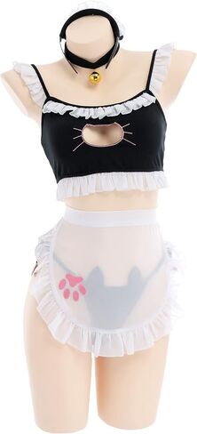 MEOWCOS الملابس الداخلية للنساء القط فتاة الملابس الداخلية مجموعات خادمة الملابس الداخلية الزي تأثيري مع المئزر قلادة عقال in Saudi Arabia