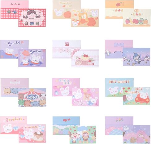 مجموعة ورق وأظرف رسائل قرطاسية، ورق كتابة حروف Kawaii جميل، 12 بطاقة ملاحظات فارغة لطيفة مع أظرف، تصميم مطبوع جميل مختلف لبطاقات التهنئة، بطاقات عيد الميلاد in Kuwait
