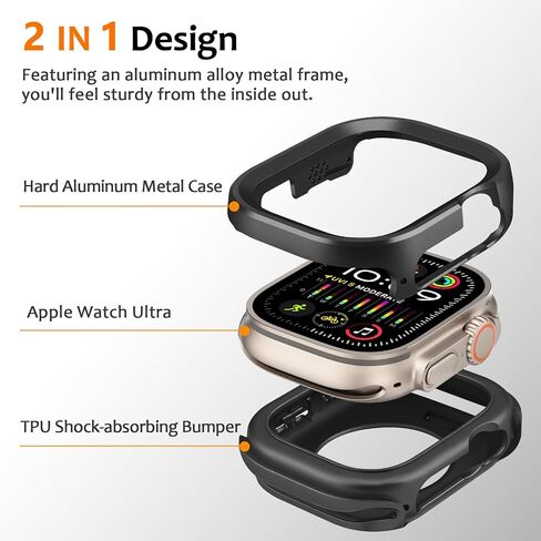 Amizee 2 in 1 Metal Rugged Case Compatible with Apple Watch Ultra 3/2/1 Case 49mm, Aluminum Shockproof Protective Bumper Cover for iWatch 49mm, Black in Kuwait