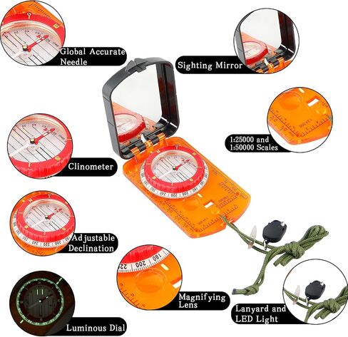 Sighting Mirror Compass, Mirror Sighting Map Orienteering Compass with Adjustable Declination and LED Professional Grade Compass Survival Camping Hiking Compass Backpacking Clinometer Camping Gifts in Saudi Arabia