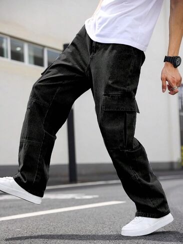 Verdusa Men's Casual Cargo Pants High Waist Straight Leg Jeans with Pockets in Saudi Arabia
