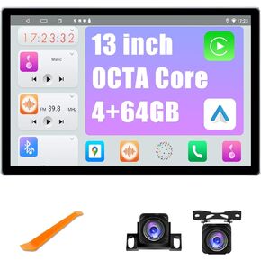 4+64GB 13 inch Double Din Touch Screen Android Car Stereo with Front and Rear Camera Octa Core Android 11 QLED Bluetooth GPS Radio 4G DSP AM FM RDS SWC WiFi