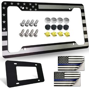 Flag License Plate Frame- USA Patriotic Personalized Car Tag Holder, 4 Hole Black Heavy-Duty Aluminum Bracket, Novelty Thin Cover for Front Bumper, Truck or SUV, Screws, Caps, Flag Decal