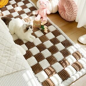 Funny Soft Plaid Couch Cover Mat,Garden Warm and Thick Cotton Couch Mat,Fuzzy Pet Plaid Dog Couch Cover,Cream-Coloured Plush Checkered Couch Cover Pad for Dogs(Grey-27.6x70.9in)