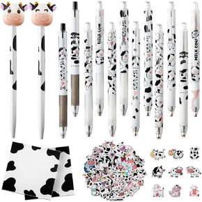Cute Cow Pen Set 12 Cow Retractable Gel Ink Pens, 2 Cute Cow Pen 0.5 mm Retractable Black Gel Ink Pens, 2 Cow Sticky Notes, Cute Cow Stickers for Office School Supplies Gifts for Girl Women Kids