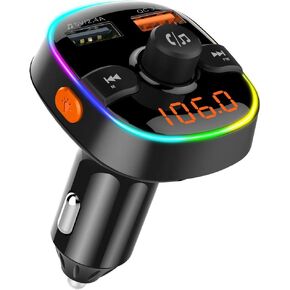 Bluetooth 5.0 Car FM Transmitter for Car 12V~24V Noise Cancelling MP3 Player 7 Color LED Charger Adapter Supports QC 3.0 Fast Charge Handsfree Call TF Card USB Flash Drive (black-BC52)
