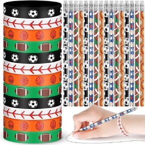 Sabary 48 Pcs Sports Pencils Silicone Bracelets Set Soccer Football Basketball Baseball Wooden Pencil Rubber Wristbands for Students School Classroom Birthday Gifts Sports Party Favors (Basketball)