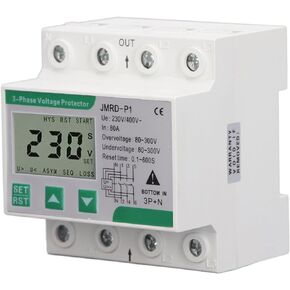 3 Phase 4 Wire Over Under Voltage Protector, AC 230 to 400V 80A Din Rail Voltage Monitor Relay, Voltage Phase Sequence Protector Adjustable Over and Under Voltage Protective Device
