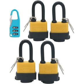 Set of 4 Keyed Alike Waterproof Padlock, Wide Body - Weather Resistant Outdoor Padlock, 8 Keys Included （Send 1 Small Password Lock） (Long Beam)