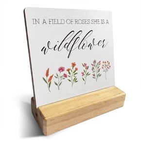 Country in a Field of Roses She is a Wildflower Wooden Plaque Sign Desk Decor Rustic Motivational Floral Theme Desk Sign Decor for Home 4 x 4 Inches