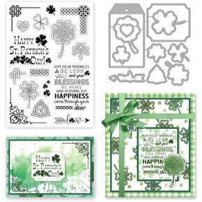 3PCS St. Patrick's Day Stamps and Dies for Card Making Gnome Clear Stamps and Die Cuts Clover Stamp Frame Cutting Dies Word Rubber Stamps for DIY Scrapbooking Journaling Album Paper Crafts