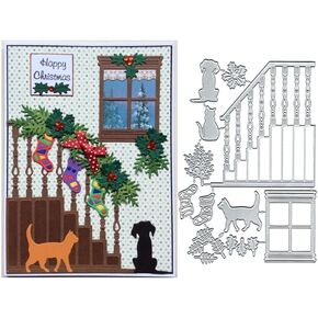 Window Stairs Dog Cat Metal Die Cuts, Window Stairs Dog Cat Cutting Dies Cut Stencils DIY Scrapbooking Cards Decorative Embossing Paper Dies for Album Card Scrapbooking Making