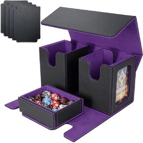 AFIING MTG Commander Card Storage Box - Fits 200 Double Sleeved Cards,3-in-1Card Deck Case,Strong Magnet Card Organizer For Magic Commander TCG CCG,4Dividers &2 Toploaders, Black/orange