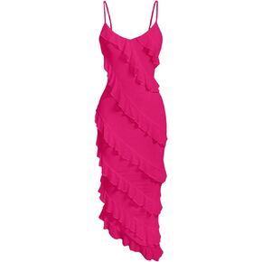 MakeMeChic Women's Elegant V Neck Ruffle Trim Cocktail Dress Spaghetti Strap Asymmetrical Hem Midi Dress
