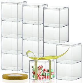 Clear Plastic Square Cube,15 Pack Small Acrylic Plastic Storage Box with Lids Transparent Clear Square Containers Display Boxes Gift Box with Glitter Ribbon for Candy Pill Jewelry Christmas (1.8